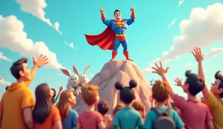 A diverse group of joyful cartoon ren and animals looking up at Super ID, who stands proudly on top of a mountain or building, arms raised in victory, with everyone cheering below.
   3D cartoon disney inspired