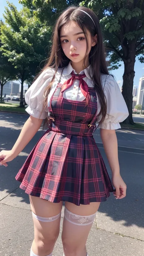 ((full body)), ((fitted  figure , cute beautiful  teenage  schoolgirl)), ((beautiful cute teen European face with big lips)) , ((High Waisted silk plaid skater pinafore dress)), ((shiny satin  white blouse short puffy sleeves)), High Waisted plaid satin  f...