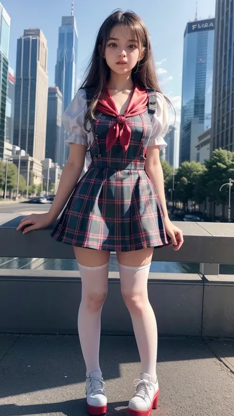 ((full body)), ((fitted  figure , cute beautiful  teenage  schoolgirl)), ((beautiful cute teen European face with big lips)) , ((High Waisted silk plaid skater pinafore dress)), ((shiny satin  white blouse short puffy sleeves)), High Waisted plaid satin  f...