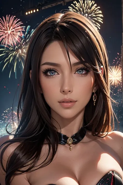 Realistic 1.2, full body,（tmasterpiece，top Quority，best qualtiy，offcial art，Beauty and aesthetics：1.2），（1girl）gorgeous woman，Extremely detailed，extremely colorful，Most detailed，Fireworks explode in the sky , The fireworks are huge，Spectacular fireworks dis...