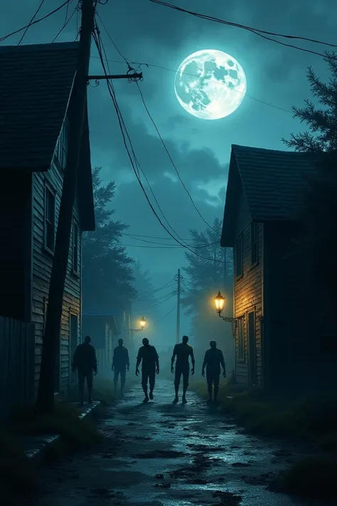 A town in the night, moonlight is glowing, zombies are roaming 