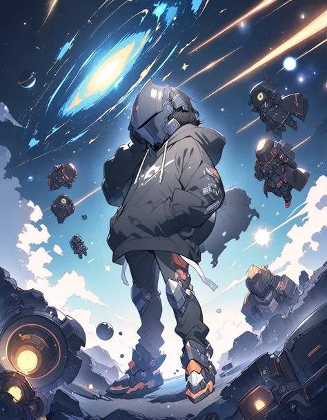 Detailed 8k cute theme , male killer with iron helmet covering his entire face and hoodie ,  short hair disheveled black wearing black technological armor with outer space in the background ( full body )