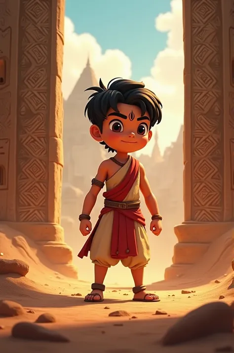 In cinematic 3d cartoon style "Illustrate the moment when Abhimanyu recalls the lessons learned in his mothers womb, confidently breaking into the Chakravyuh. Show the blend of innocence and valor in his character.