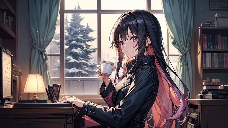  Anime Woman  、((( 1 woman)))、(( piano and Lofi music 、 small foliage plants and bookshelves 。
 in the background 、 are slightly beautiful Create a special feeling of the end of the year 。
 Art with gentle tones is displayed {x} While staring at the camera...