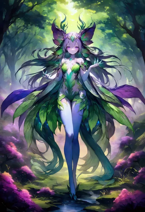  full body :1.4, ( Better quality,  masterpiece ), A standing forest being ,  full body .  The hybrid creatures skin features leaves and branches , iridescent hues,  that range from deep emerald green to shimmering purple ,  creating a mesmerizing display ...