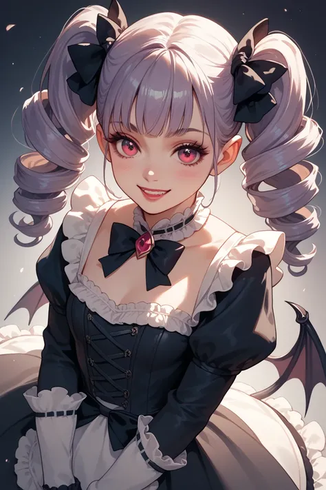 a cute little model girl with angelic face seen from above dressed in lolita with curly pigtails gives off an evil aura and a menacing shadow, this sweet girl hides her sociopathic mind behind a facade smile, his shadow looks like a demon, dark fantasy 