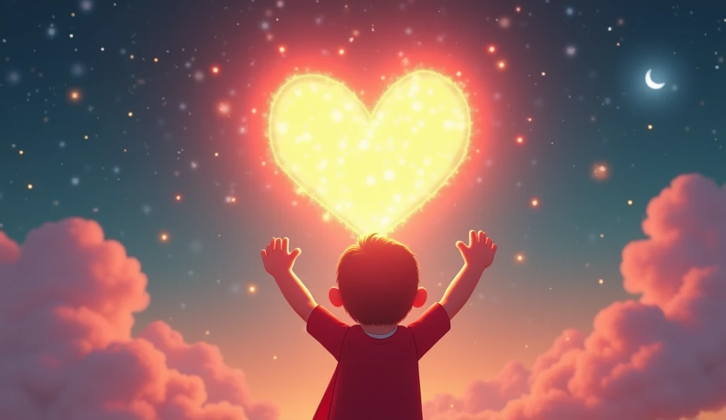 Super ID little   surrounded by a glowing aura, their hands outstretched towards the sky, with a large, sparkling heart floating above their head, showing love and dedication to their mission.
   3D cartoon disney inspired