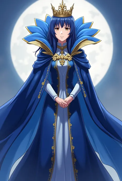 Anime, Fire Emblem Queen Lucina wearing a Blue Coronation Dress with a cape, long and elegant, trails behind her, and the Massive elaborate collar, a towering masterpiece of craftsmanship, ascends far beyond her head