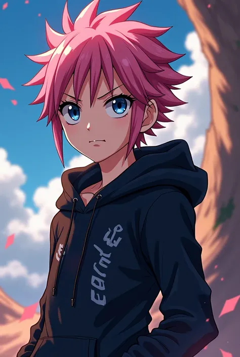 Make a image like fairy tail member anime boy image who is otaku pink hair fairy tail anime member look like natsu black hoddi