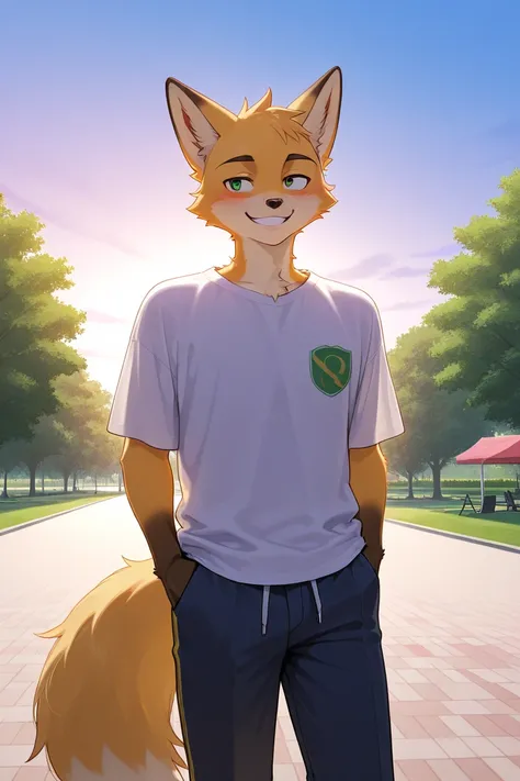 Male fox Furry , cute , in park , smile , Just wear a shirt,