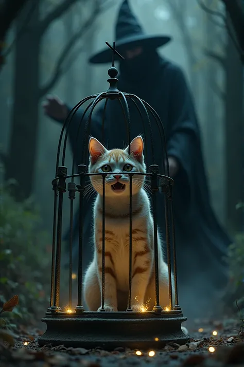 A witch imprisons a cat in a cage