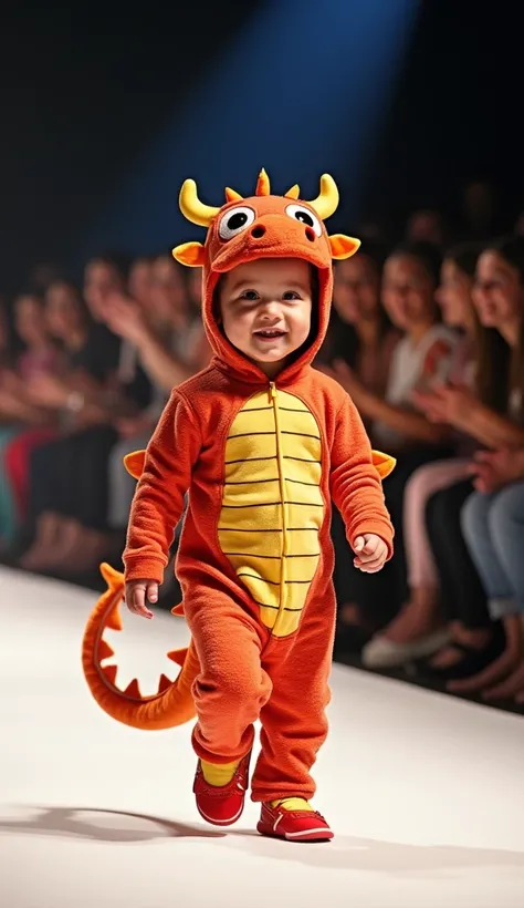  A baby parading on a runway ,  wearing a colorful dragon costume .  The costume is full of brilliant details ,  with scales that reflect light ,  small wings and a long tail .  The surrounding audience is applauding and amazed at the originality of the co...