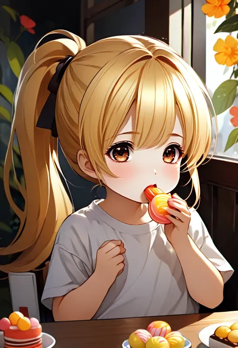  blonde ponytail、 white t-shirt 、 eating sweets 、