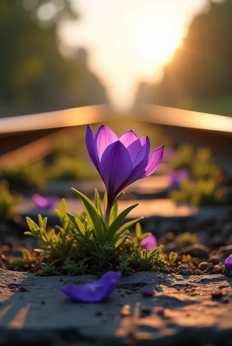 close-up view of a vibrant purple flower emerging from a weathered stone surface along a railway, bathed in warm sunlight. The setting features soft, golden rays illuminating the scene and casting gentle shadows, with hints of greenery surrounding the flow...