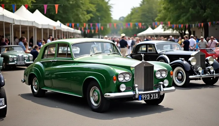 The car pulls up to a classic car show..."
The restored 1970 green  Rolls-Royce parked at a classic car show, surrounded by other vintage vehicles and a crowd of people admiring it under festive banners and tents.

