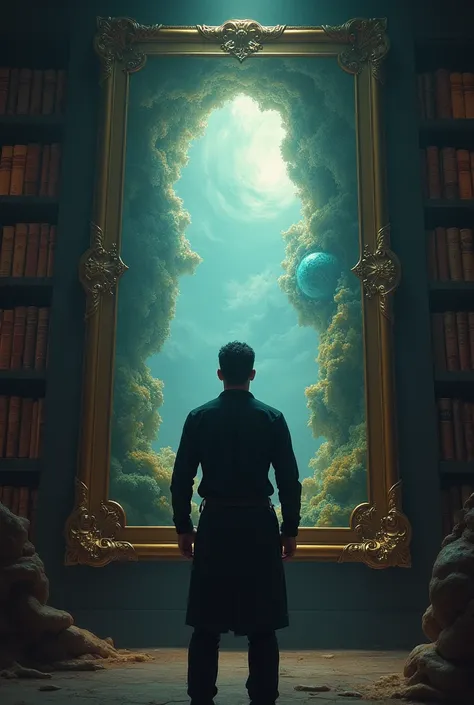 A back view of a guy staring at a painting which turns into a portal