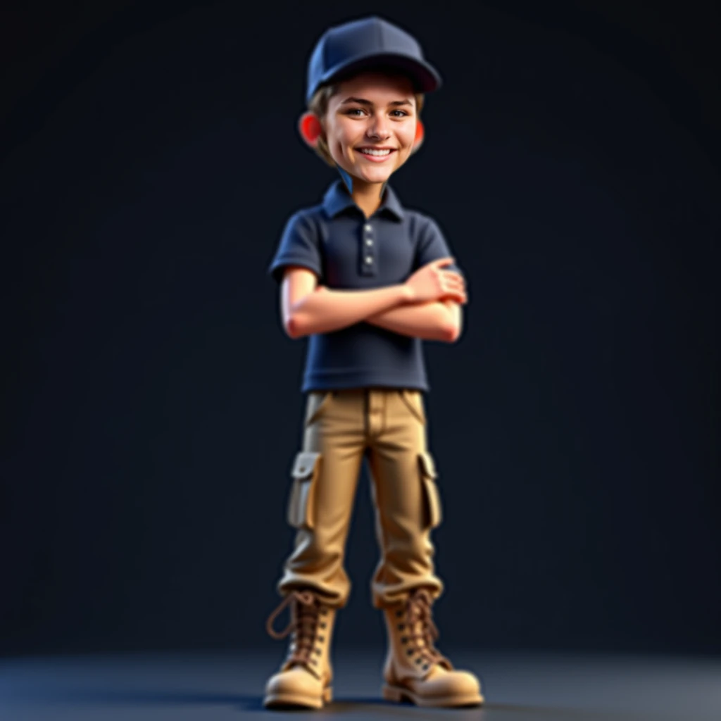 The image shows a young man standing against a dark background. He is wearing a dark navy polo shirt, khaki cargo pants, and beige combat boots. The young man is smiling and has his hands crossed in front of him. His hair is short and he wears a dark navy ...