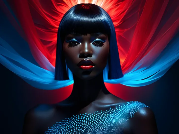 An image with intense dramatic lighting and a soft, dreamy atmosphere, depicting a flamboyant female body, hyperrealistic and fractal, using hazy soft light and high contrast to create tension, in the style of Étienne-Louis Boullée. Black skin color, black...