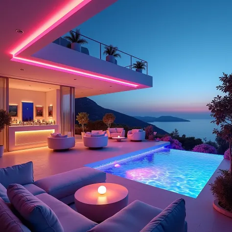 create a expensive villa terrace, modern interior, a bar, including a sofa set, paintings, Background of  glowing neon colors  a stunning fusion of ethereal luminescence and prismatic aesthetics, with sea view