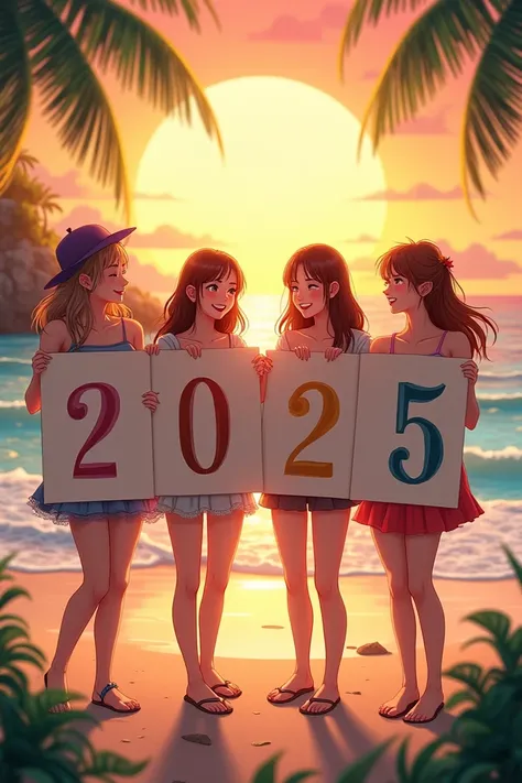 Four beautiful girls are standing on a beautiful island. It is sunset time. Each of them is holding a poster. Each poster has the numbers 2, 0, 2 and 5 written on it respectively. They are welcoming 2025.