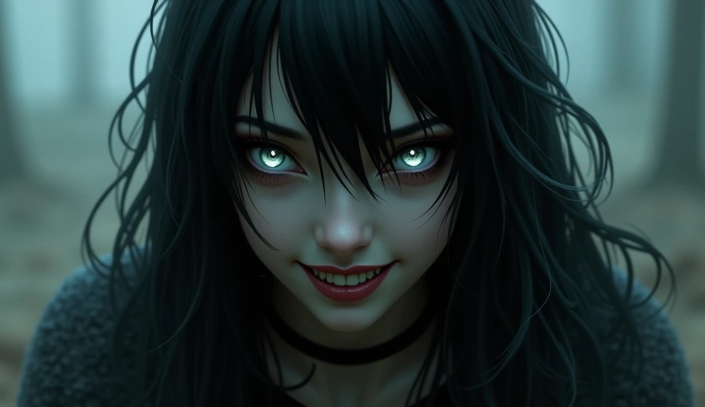 the dark world , close-up face girl in black hair and completely black eyes grins ominously, dark energy flows from the eyes 