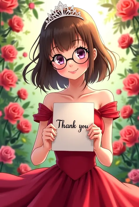  beautiful princess (Anime)  with nice round lenses and a crown,  I have straight brown hair  ,  Red Dress ,  showing the text written on the letter  "𝐓𝐡𝐚𝐧𝐤 𝐲𝐨𝐮 "  Rose Background 