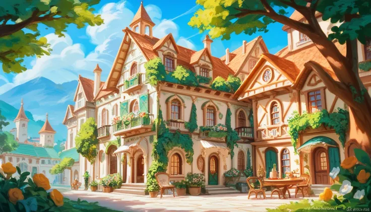 beautiful oil painting village, Villa Bella,  Italy, Sung Kim