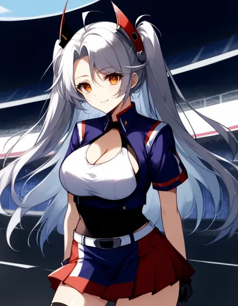 female 1 person、 prinz eugen （ Azur Lane）、Gray Hair、 long hair、 orange eyes、 two side up、 big breasts、mole、胸のmole、 striped hair、 split bangs、 hair like antennae 、 long hair、 two side up、 antenna hair、 headgear 、 race queen、 cropped shirt 、（ underbust cutou...