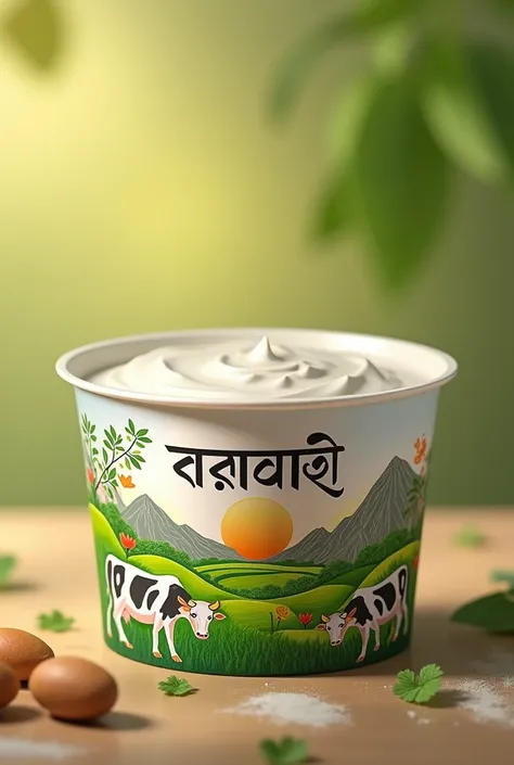 Design a round yogurt tub for a dairy farm company that reflects the rich culture and heritage of Bangladesh. The tub should feature vibrant colors inspired by traditional Bengali art forms such as Nakshi Kantha or Jamdani patterns, along with motifs of na...