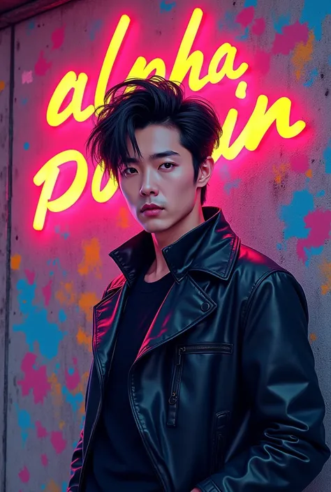 A handsome korean man anime standing after a neon tooanime painted wall and the main text in the middle should be alpha domain by veervardhan in yellow colour 