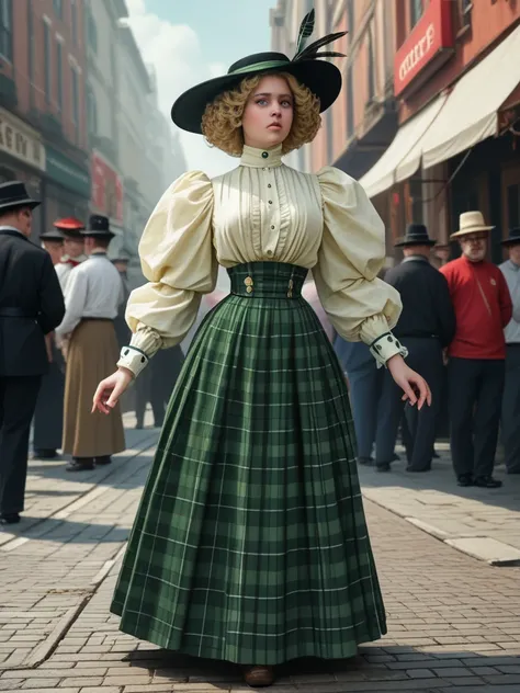 Alluring, voluptuous 14yo blonde Gibson Girl of the 1900s in a crowded Gilded Age New York street, 1902. High-neck red shirtwaist with long puff sleeves and ruffles on the cuffs and collar, wide-brimmed black hat with feathers, floor-length green plaid ski...