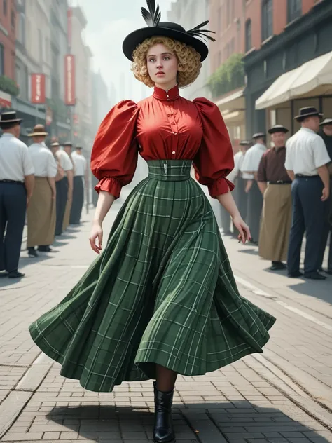 Alluring, voluptuous 14yo blonde Gibson Girl of the 1900s in a crowded Gilded Age New York street, 1902. High-neck red shirtwaist with long puff sleeves and ruffles on the cuffs and collar, wide-brimmed black hat with feathers, floor-length green plaid ski...