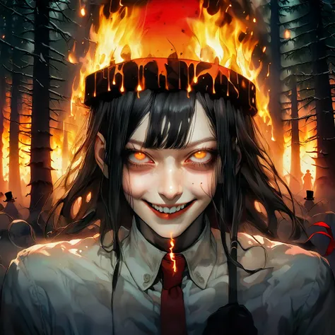 surreal horror, madness shining in eyes , crazy glare and smile  anime style, directed by Junji Ito, high contrast, vivid colors, eerie atmosphere, psychological tension, intricate line work, surrounded by burned new year trees and Santas hats  surrounded ...