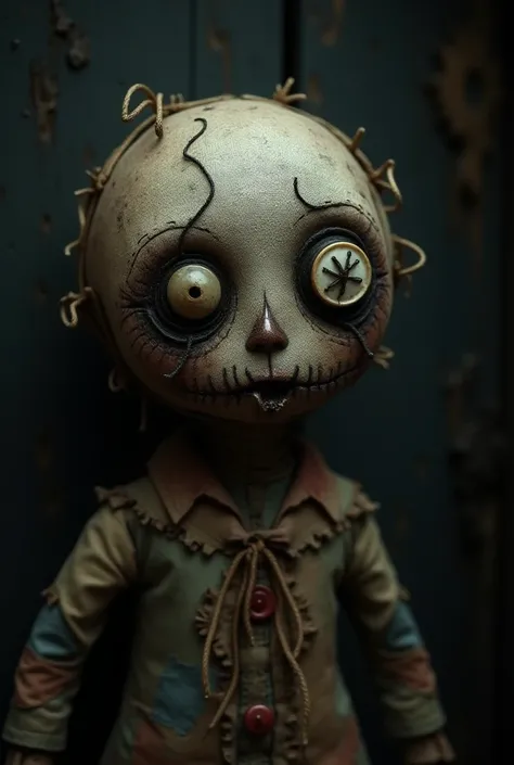 A voodoo doll with a scary face, made of shabby cloth that looks worn and full of patches. Its eyes are asymmetrical, one of which is made of a large button, while the other is a rough cross-stitch. Similar to the character in the film Coraline