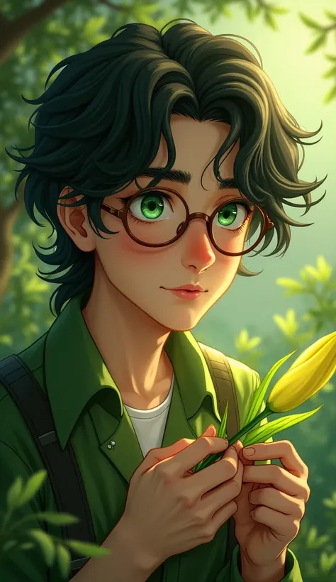  Boy with glasses and long wavy hair holds a green lily in his hand and makes a craft with green eyes. 16-year-old man dressed in green  