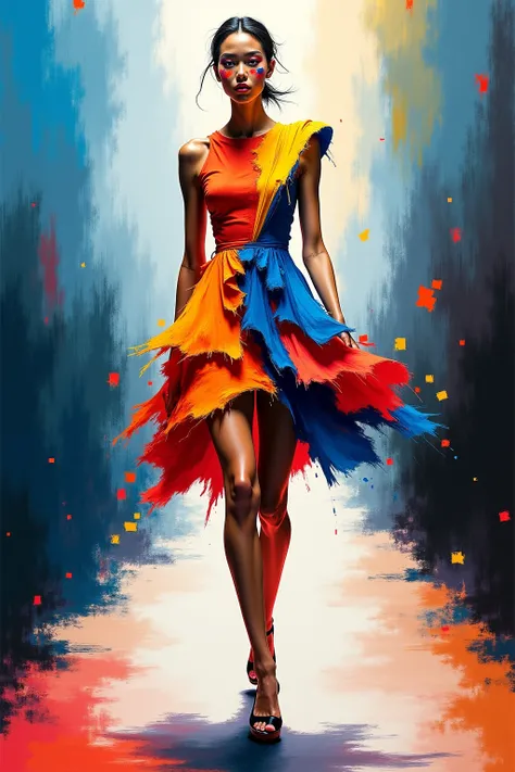 An abstract oil painting of a model woman striding confidently down a catwalk. Her form is a blend of bold, dynamic strokes. Her avant-garde attire is a burst of vibrant colors—electric blues, fiery reds, and neon yellows—layered in dramatic, fragmented sh...