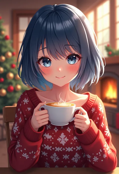 A beautiful woman with beautiful eyes:1.2, detailed eyes, beautiful full lips, highly detailed eyes and faces, long eyelashes, cute expression, smile, sitting:1.4, holding a cup of hot latte, homely background, Christmas sweater, fireplace, warm light, det...