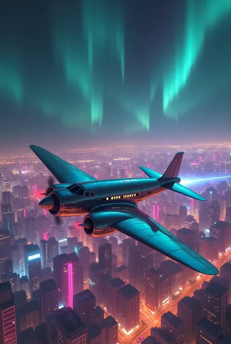 The 1955 ghost plane flying low over a sprawling, modern cityscape illuminated by neon lights. The aircraft’s metallic surface reflects the vibrant colors of the city below—pink, blue, and gold—while the night sky above is painted with streaks of green and...