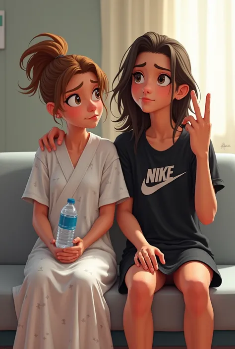  Disney Pixar style two girls sitting on a couch .  The person on the left wears a white hospital gown with a geometric pattern and is holding a bottle of water . It seems serious or thoughtful .  The person on the right has long, loose hair ,  wears a bla...