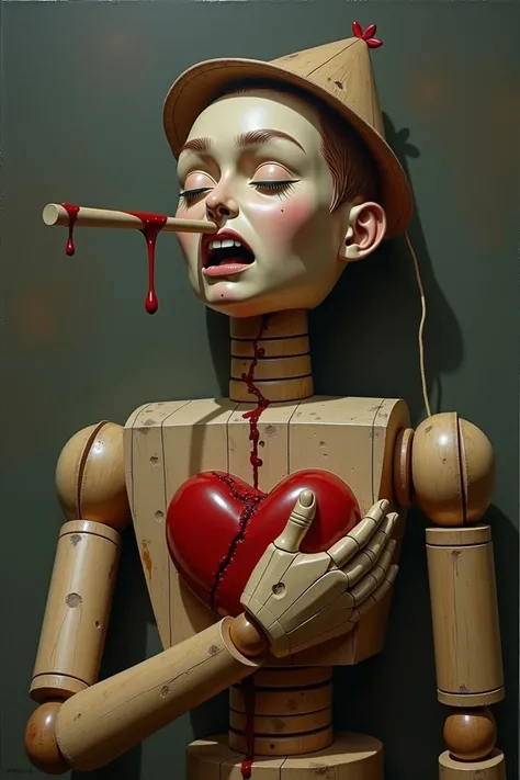  Pinocchio piercing heart with nose, oil artwork 
