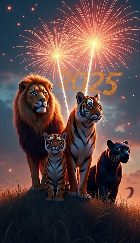  The image portrays a group of big cats gathered in a natural environment .  Among them are a lion , A Tiger,  a cheetah and a black panther ,  positioned majestically on a grassy hill .  The night sky in the background is illuminated by a vibrant firework...