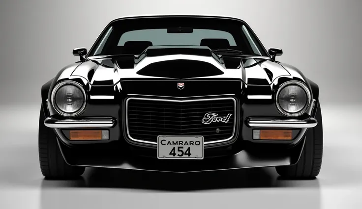 Create a 3D render of a car design featuring the ford 1972 Chevrolet Camaro 454. The car should be viewed from the front in black. Include a [Brand Logo] prominently on the front. The headlights should be [white],. The license plate should display Camaro 4...