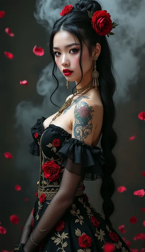 A graceful and mysterious woman in a gothic style, wearing a luxurious black dress decorated with gold and red embroidery. The dress is decorated with white and red flowers, giving an elegant impression. This woman has long black hair tied high with large ...