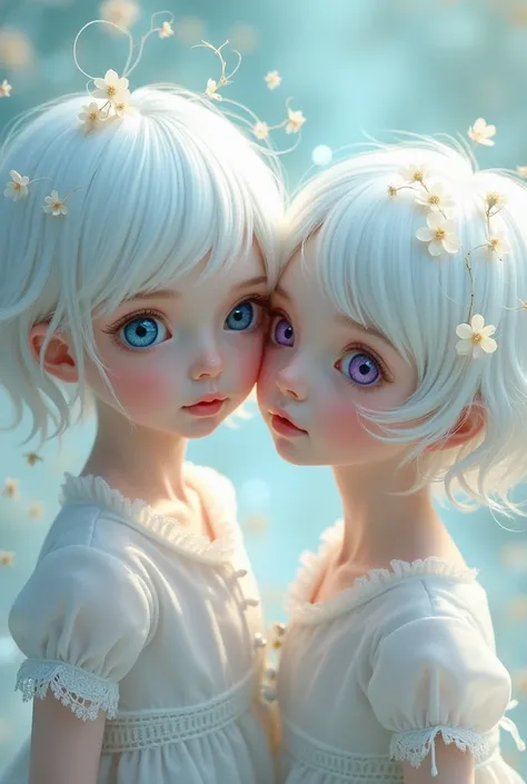 two 7years old girls, both of them have pale skin and white short hair, one them has blue eyes and the other one has purple eyes