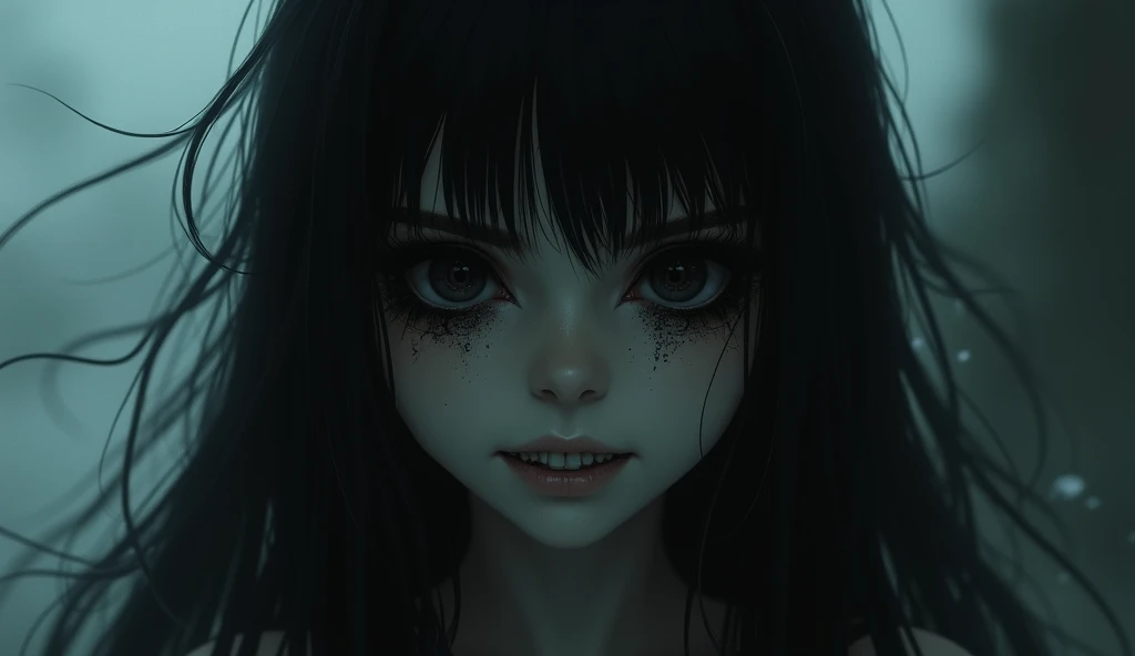 the dark world , close-up face girl in black hair and completely black eyes grins ominously, dark energy flows from the eyes 