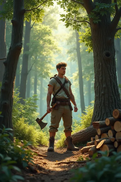 One day, he went to the forest to cut wood.**  
**Prompt:** A dense forest scene with tall trees and sunlight filtering through the leaves. A young man is seen holding an axe, standing near a tree with a pile of wood nearby.