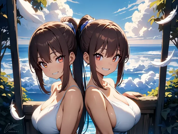 (  masterpieces at the front door of the house ,   top quality :1.2), ((( anime girl ２people))) , ((( twins))),   expressive eyes ,  sexy, Completely naked, ((( dark hair ponytail))). ((( straight hair))), (smile), (((Reddish brown eyes))), (((White feathe...