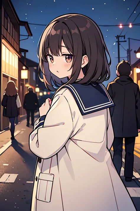 (masterpiece, best quality),1girl, solo,   outdoors , parted lips, black hair, serafuku, brown hair, bub cut, depth of field , from behind, looking down, facing away from the viewer, join hands,  winter, coat