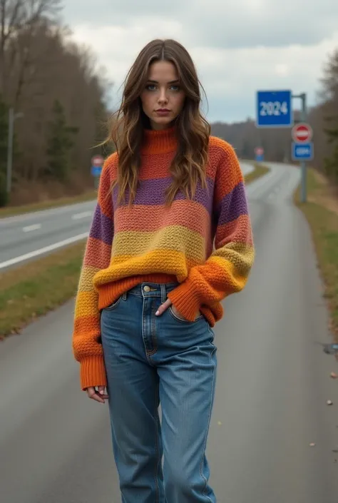 Je voudrais que tu me crées une jolie photo. La photo représente une femme de dos. On ne voit pas son visage elle est de dos, elles est loin sur la route. Elle porte un jean des bottines et un très joli pull coloré avec 12 couleurs. Elle a les cheveux brun...