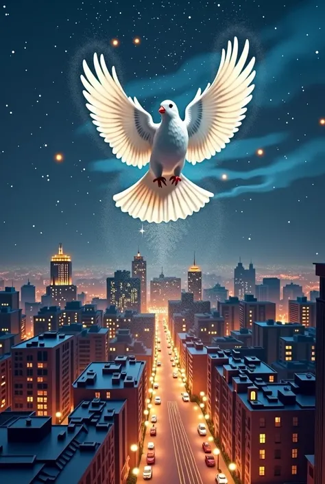 Night. The city, decorated for the New Year. A white dove flies over the city and silvery glowing dust falls from its wings, covering the city, bringing peace and joy to the inhabitants.
The atmosphere of celebration and peace.
At the top of the picture is...